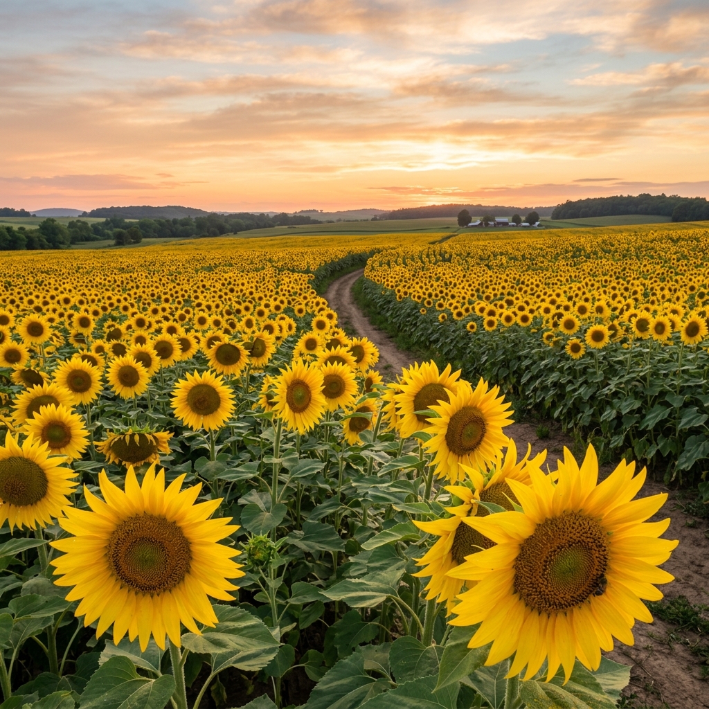 Endless sunflower field stretching to the horizon under a warm sky