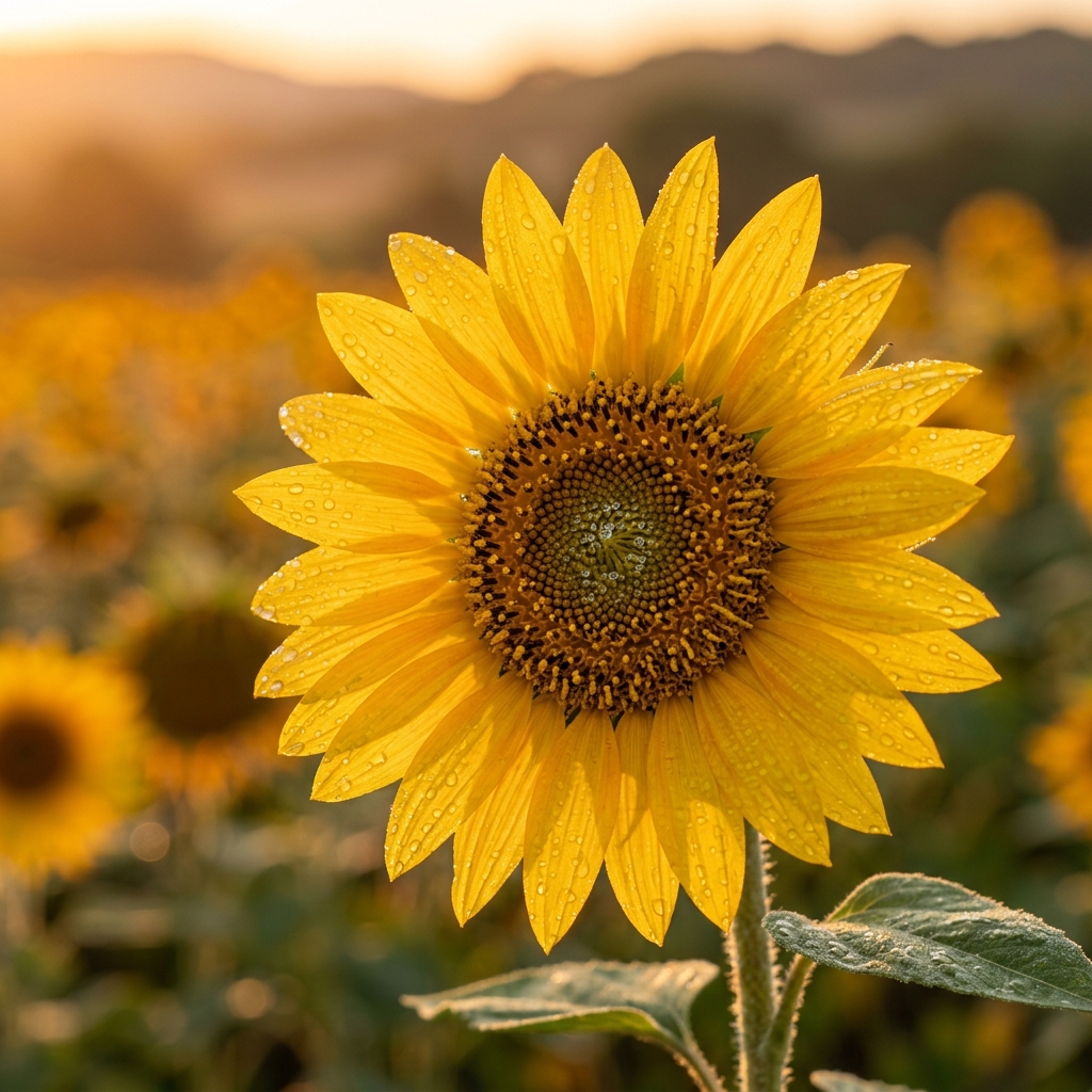 Sunflower at golden hour with morning dew