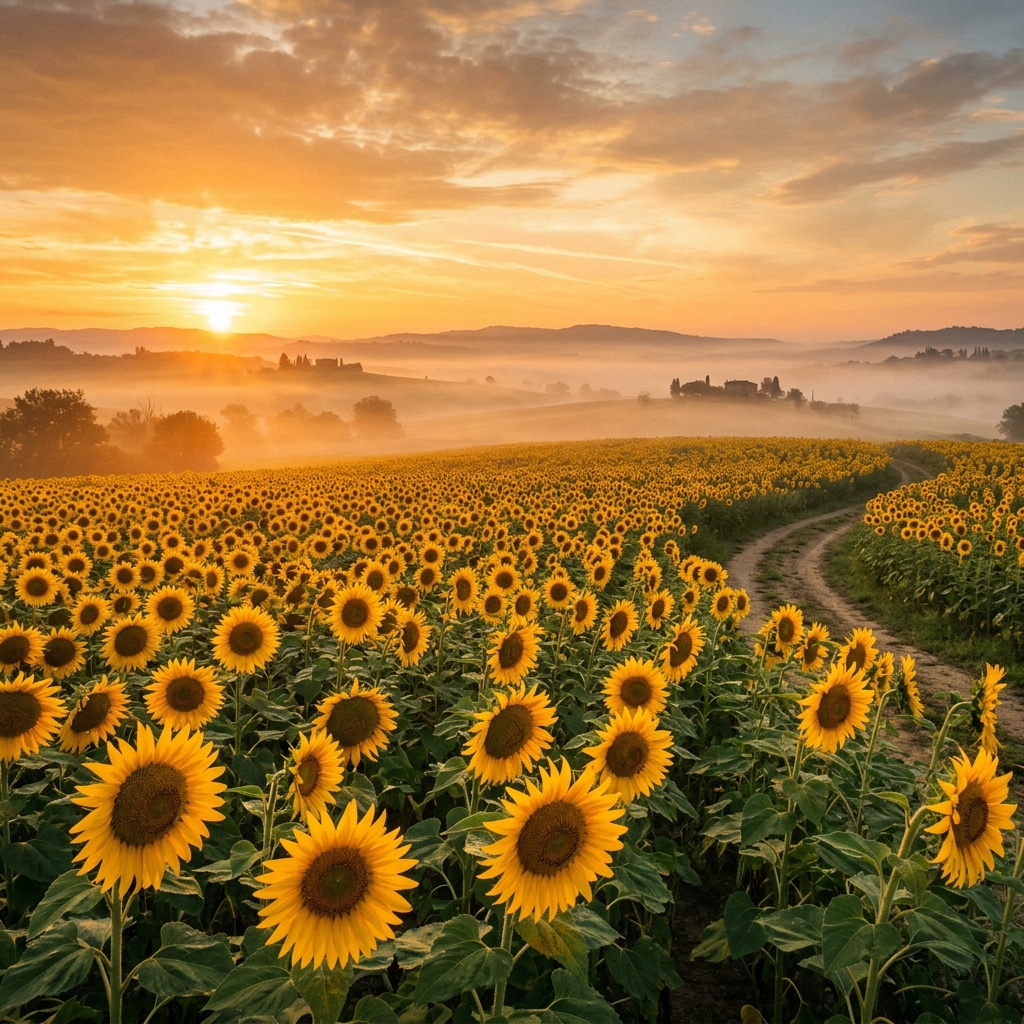Cinematic sunflower field at dawn