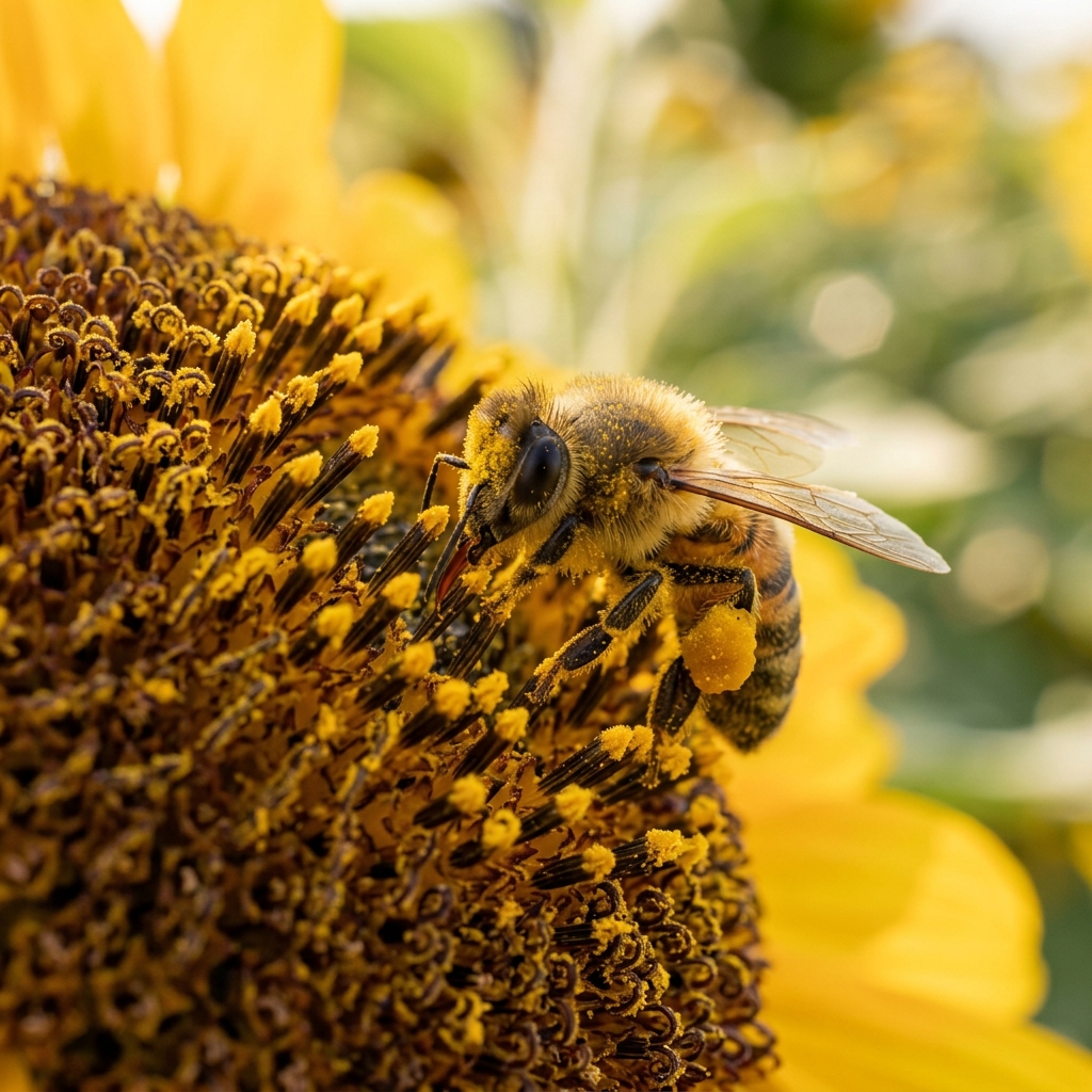 Macro detail of honeybee gathering pollen from a sunflower
