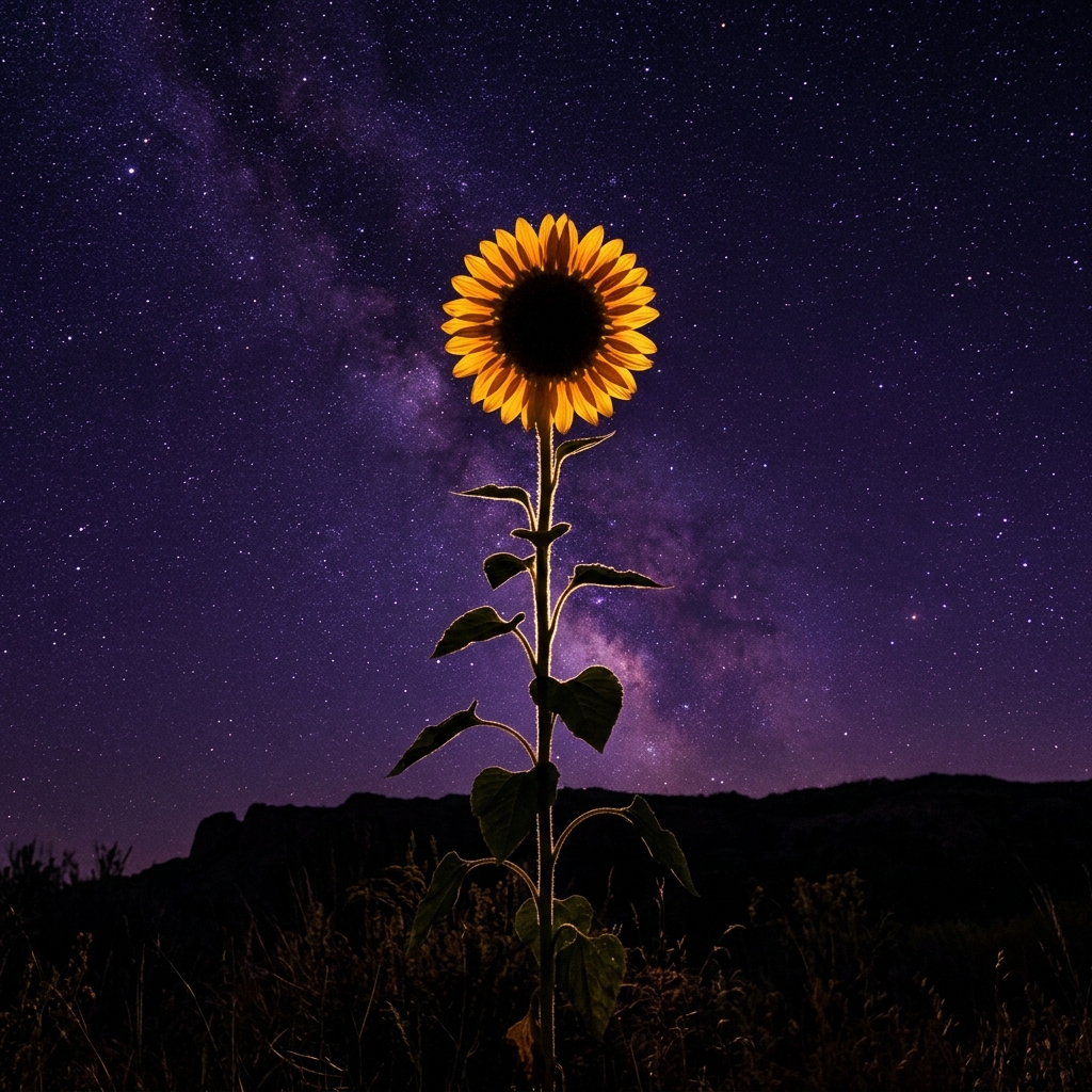 Sunflower against midnight sky