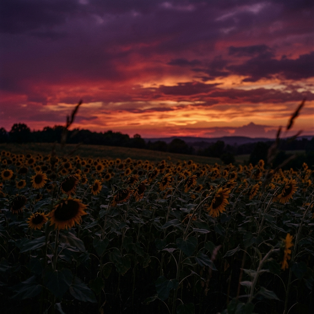 Sunflower silhouettes at dusk