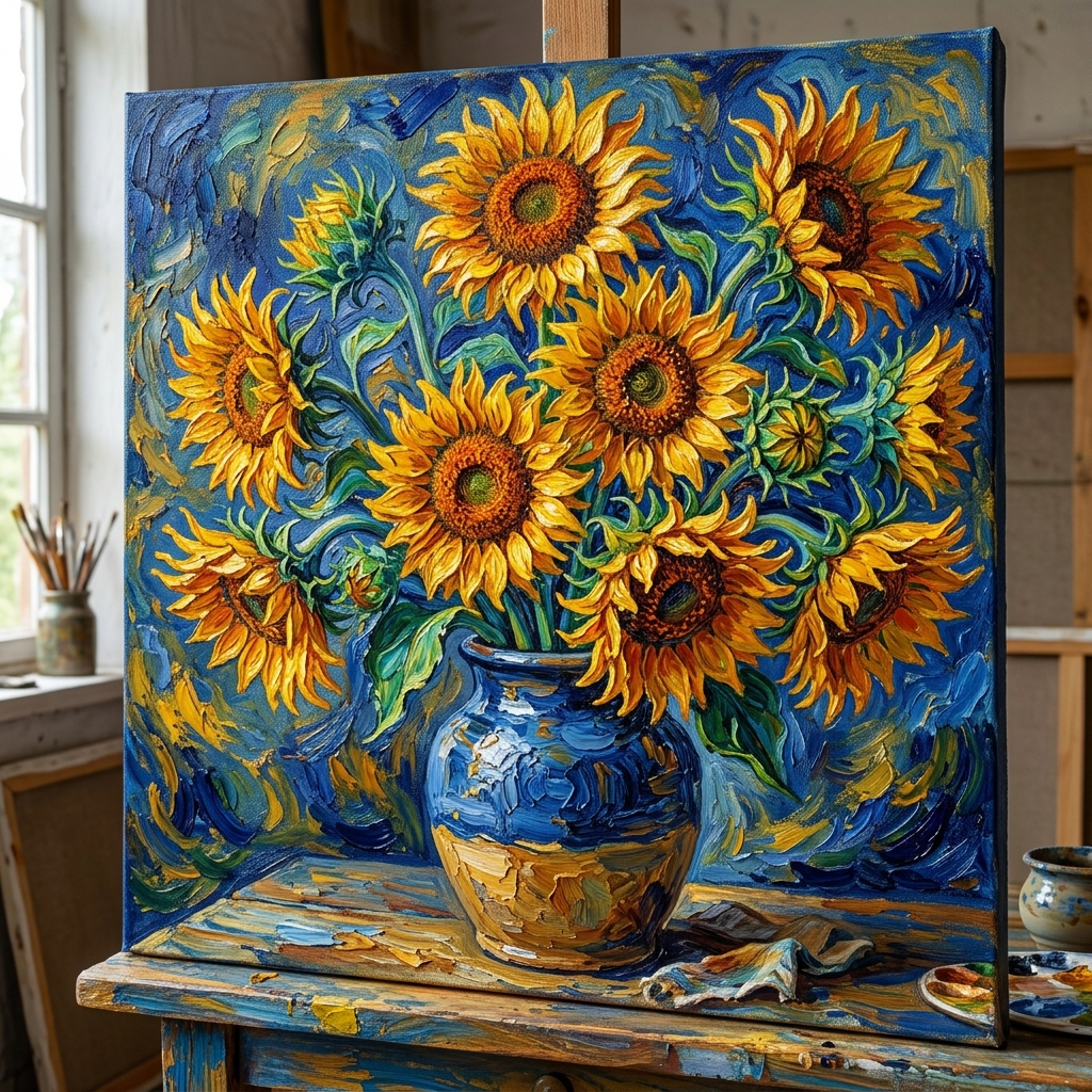 Impasto oil painting of sunflowers in Van Gogh's signature style